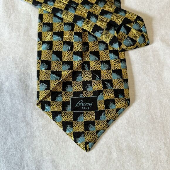 BRIONI Extra Long Suit Tie Silk Blue Black Gold Based Woven Handmade In Italy - Picture 12 of 16